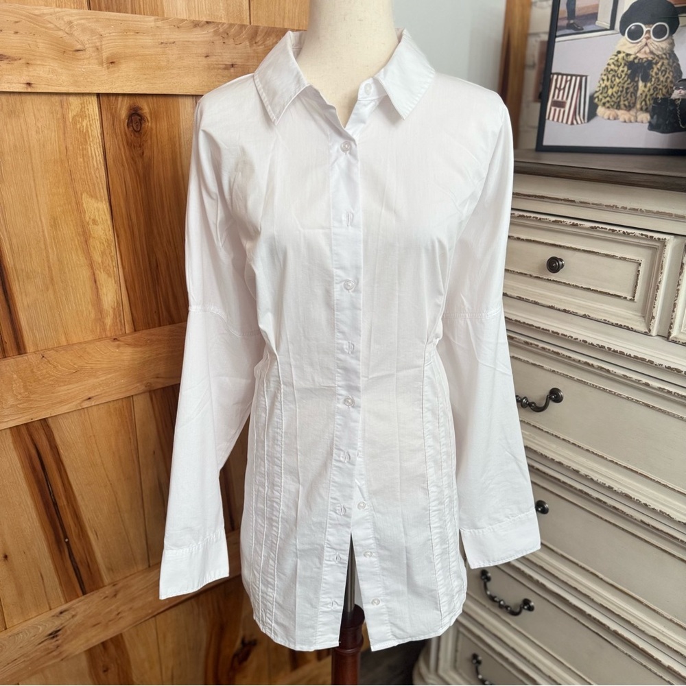 Long White Cotton Blend Button-Up Shirt size L - Picture 2 of 11